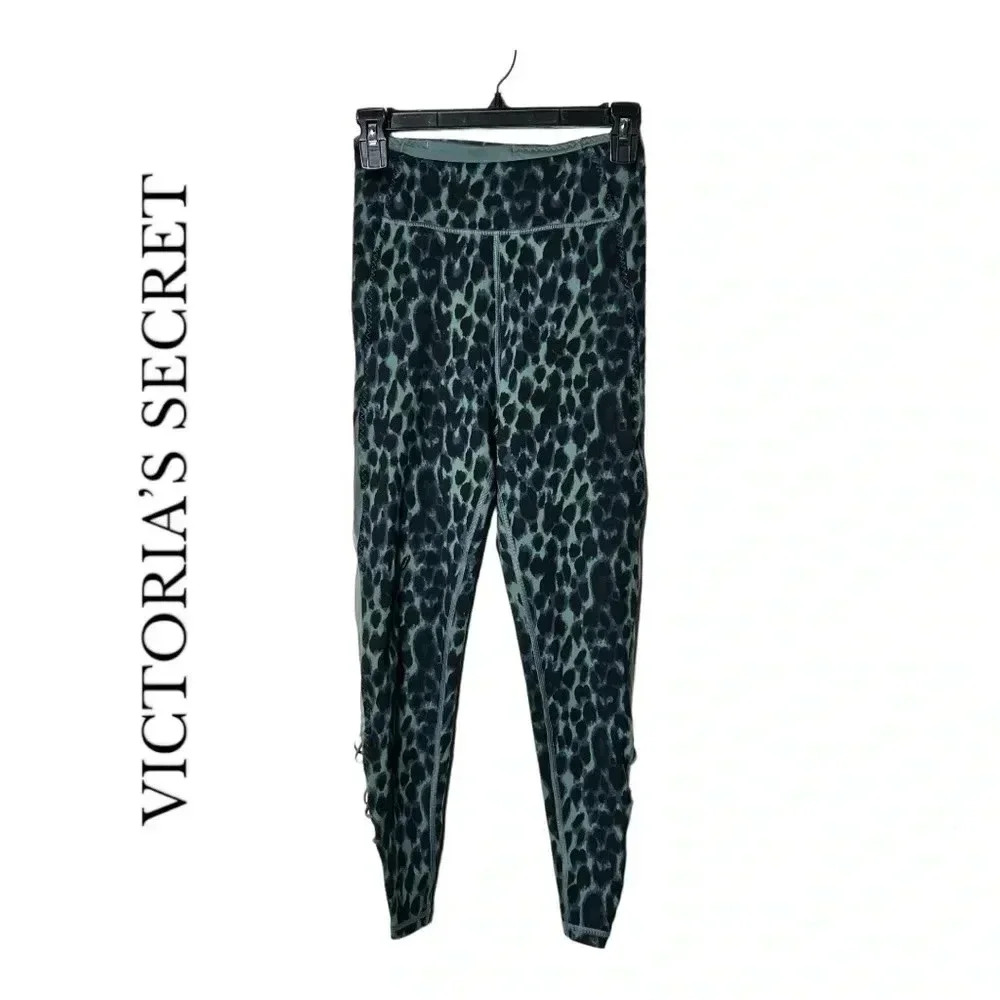 1912. VICTORIA’S SECRET LEOPARD PRINT MESH PANEL LEGGINGS SIZE 6 GREEN/BLACK‎